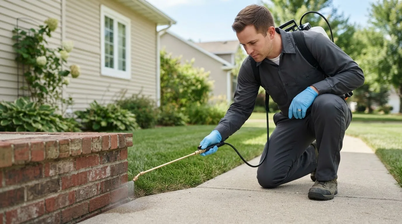 Pest control technician treating a home near Comanche, TX